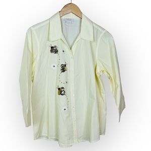TIA DESIGNS Yellow Sequin Bee Button Front Long Sleeve Shirt MEDIUM 90's Vintage